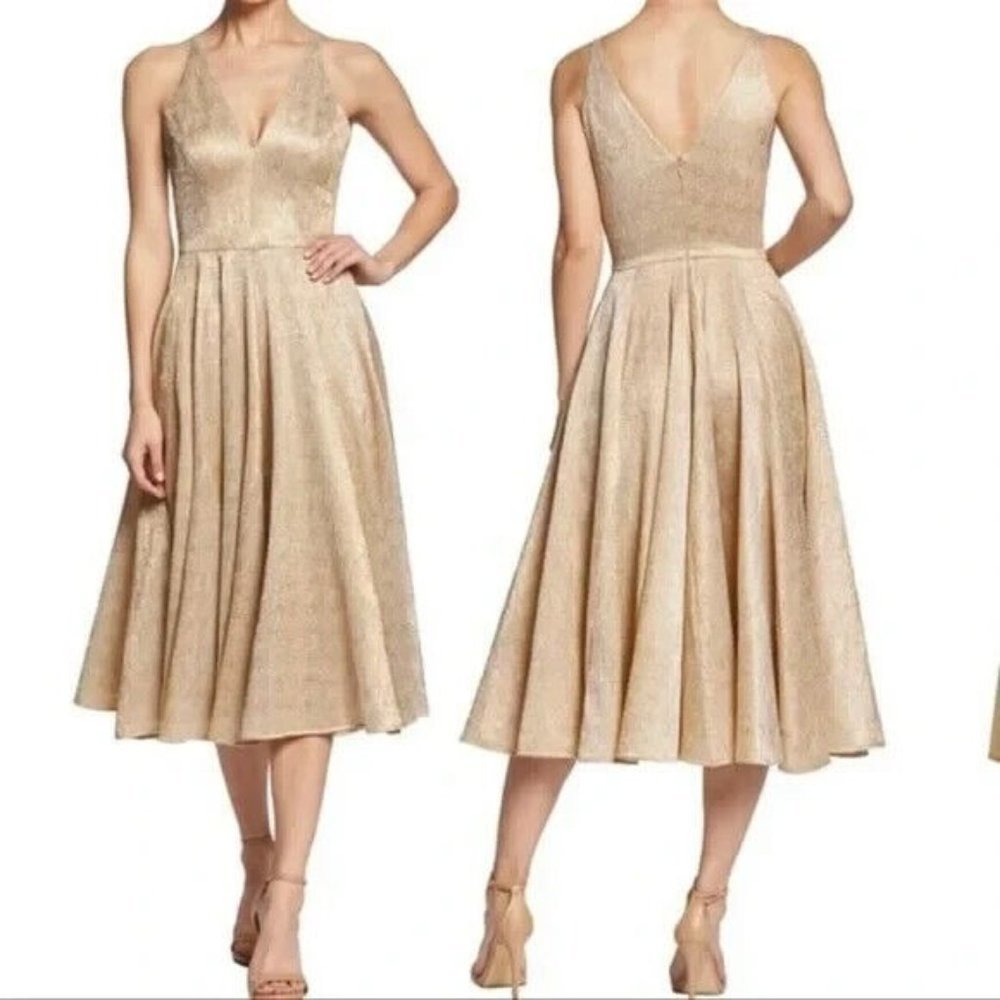 Dress The Population Womens Delilah Plunging A-Line Party Dress Gold Size Xs